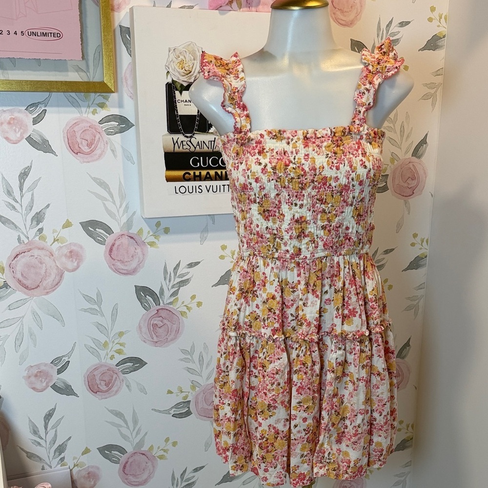 aerie Floral Smocked Mini Dress in White, Pink, Yellow